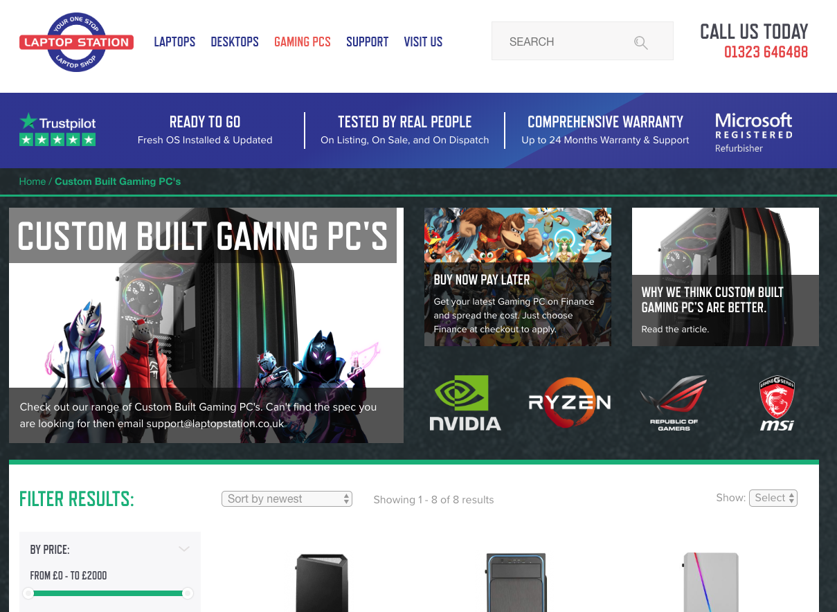 Screenshot of a new Gaming PC's landing page Laptop Station website with revisions made by Huxley