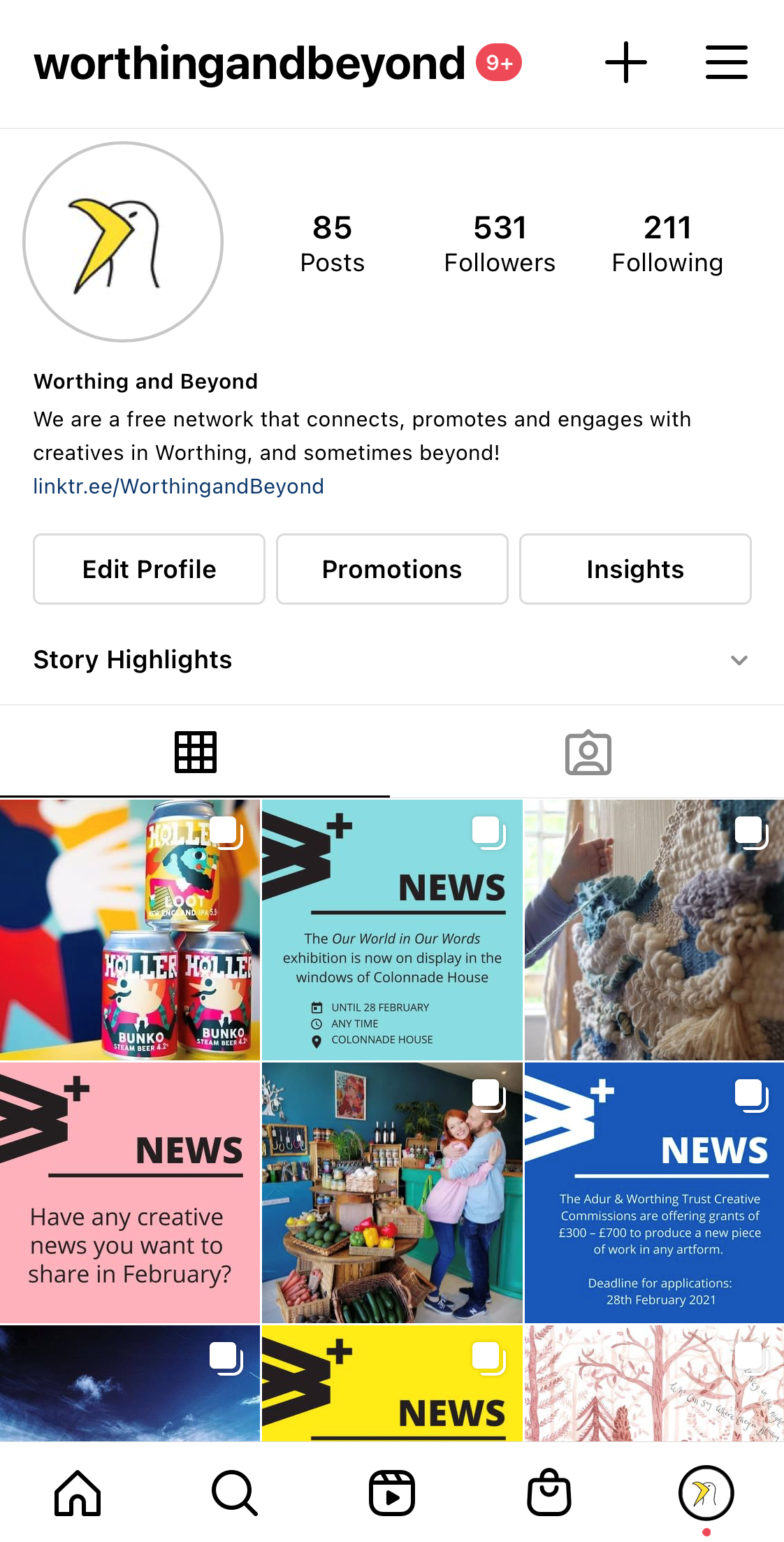 The Worthing & Beyond Instagram grid, showing the follower count of 531 and 6 of the most recent images