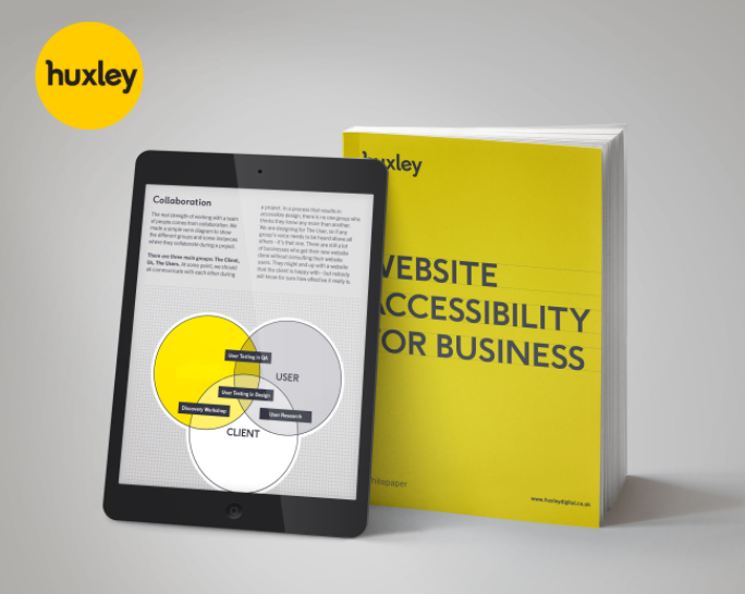 A yellow book standing up with a tablet leaning against it; the tablet show a page from the book, and the book cover is bright yellow and says Website Accessibility for Business; Huxley logo is in the top left