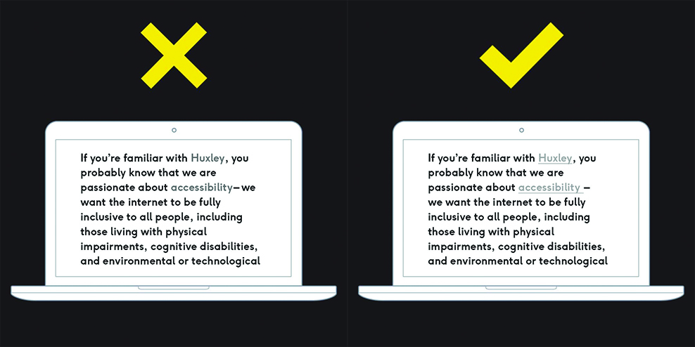 Left: Black graphic with an illustration of a computer screen, a block of text with the links a slightly lighter colour, and a big yellow X Right: Black graphic with an illustration of a computer screen, a block of text with the links a much lighter colour and underlined, and a big yellow check mark