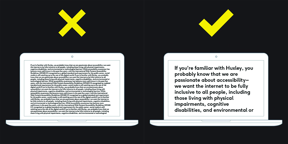 Left: An illustrated laptop screen with tiny, unreadable text covering the screen and a big yellow X Right: An illustrated laptop screen with large, readable text covering the screen and a big yellow checkmark