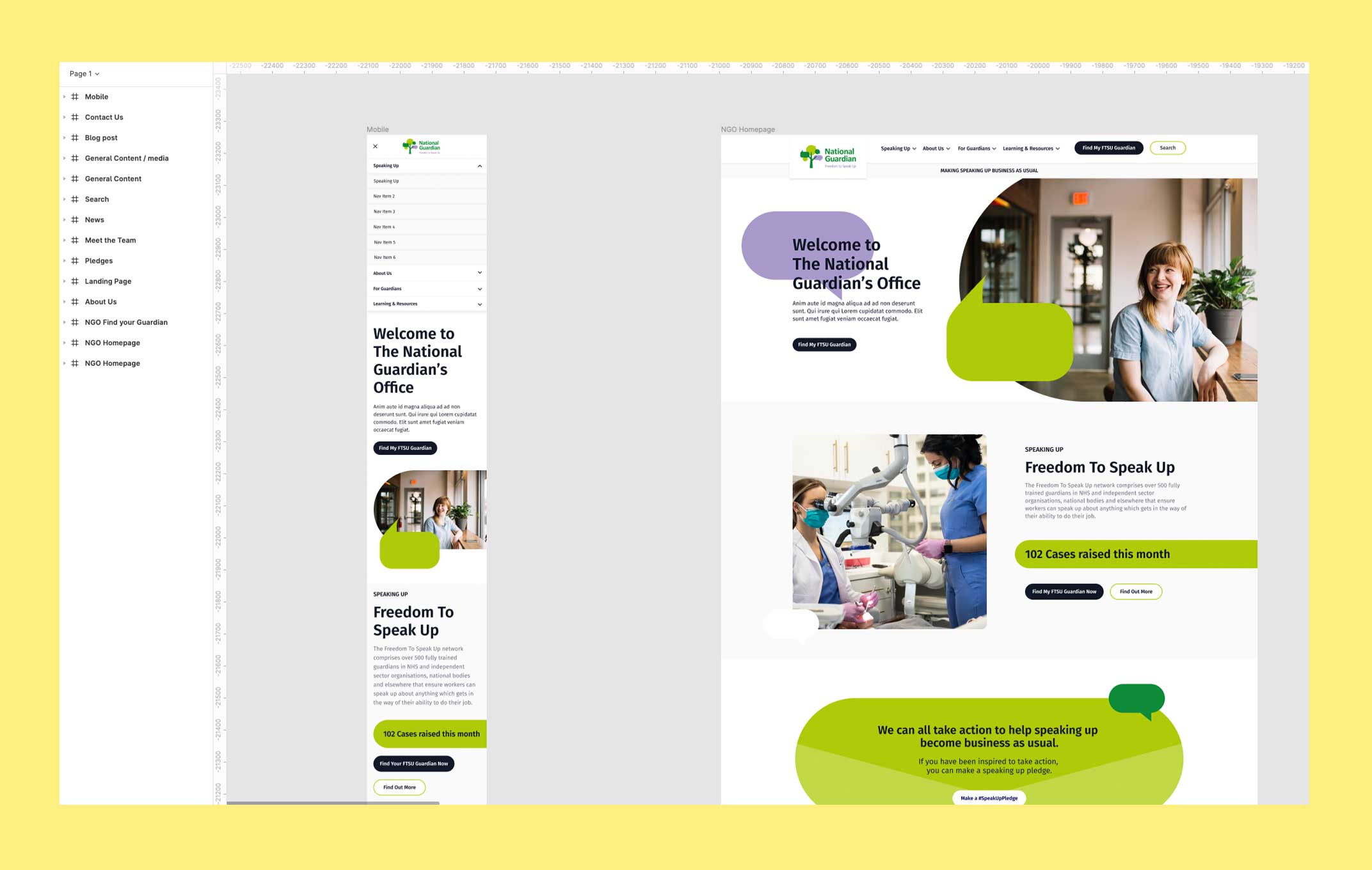 Screenshot of design work showing mobile and desktop visuals for the National Guardian's Office