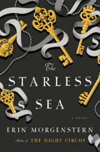 Book cover of the Starless Sea by Erin Morgenstenn, showing several fancy keys intertwined with silver ribbon