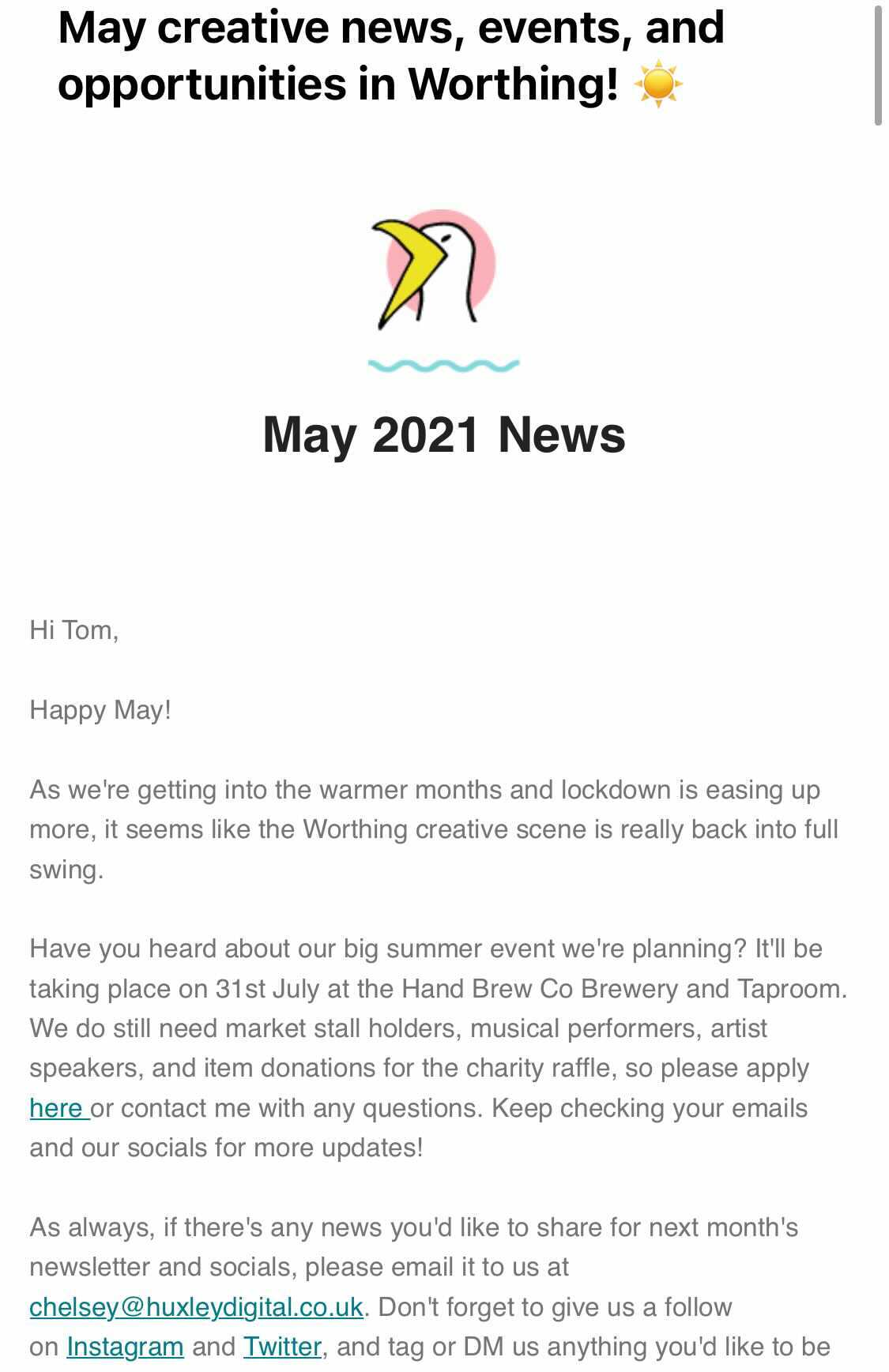A screenshot of May's Worthing & Beyond newsletter