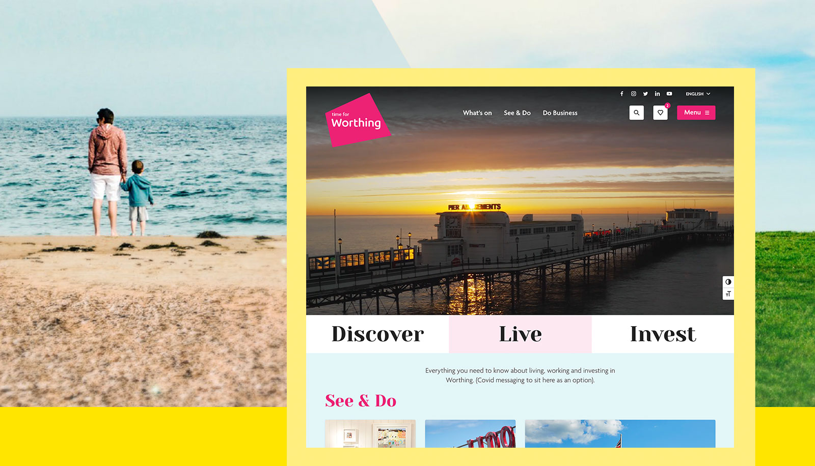 A screenshot of the Time for Worthing homepage superimposed on an image of a family on a beach from Worthing's place brand guidelines