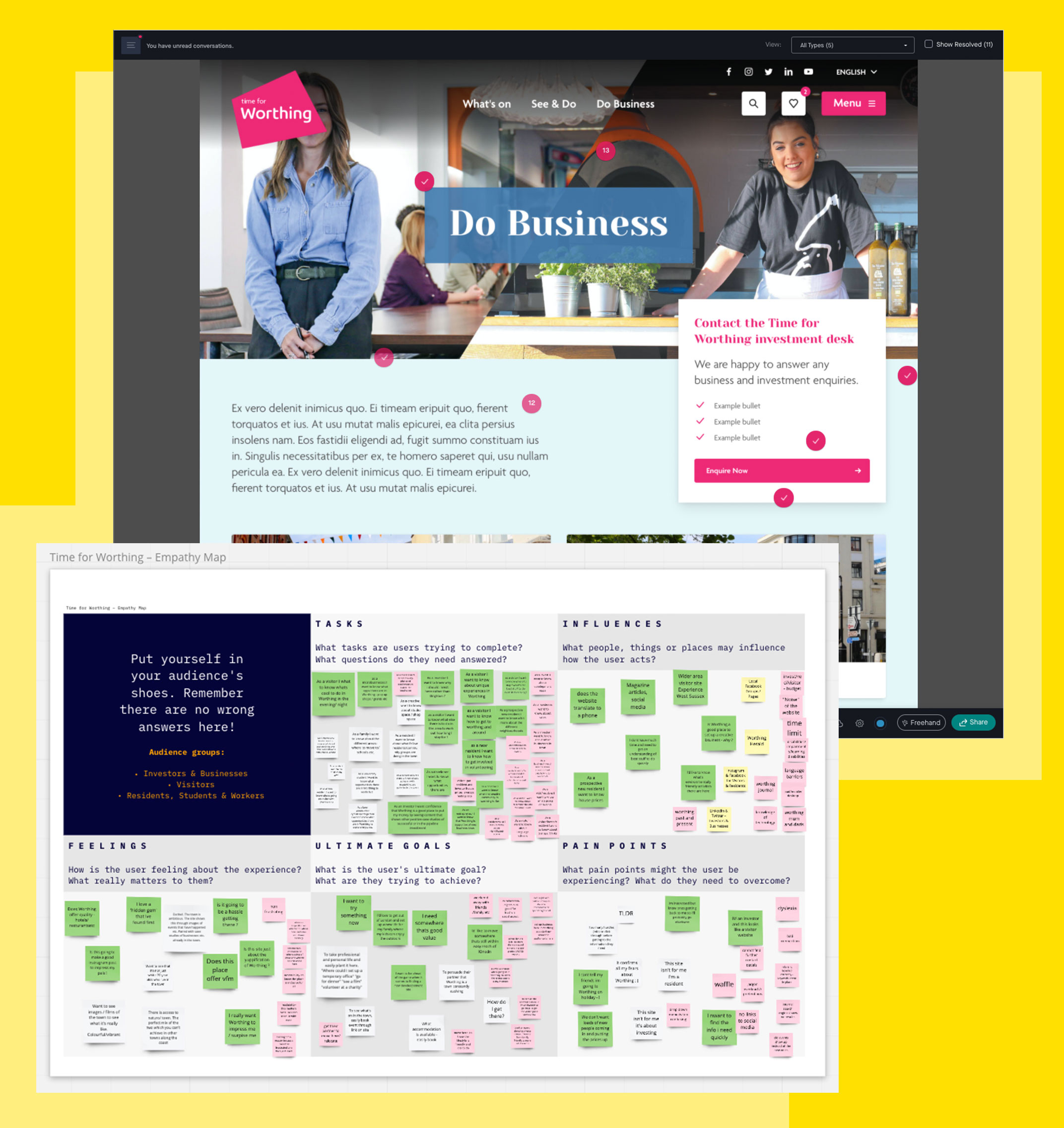 Screenshots of an interactive design prototype showing comment marks from viewers and the results of an empathy mapping session