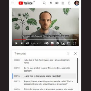 Screenshot of a Youtube video of Tom talking to the camera with the timestamped transcript underneath. 