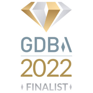 An icon of a silver and gold diamond with the words GDBA 2022 Finalist