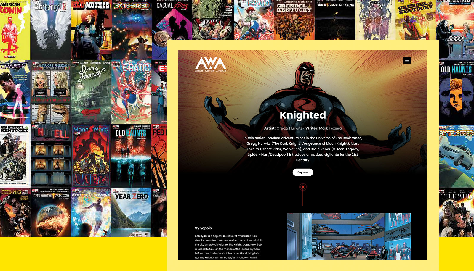 A screenshot of a design concept for the 'Knighted' comic book superimposed ona mosaic of AWA comic book covers