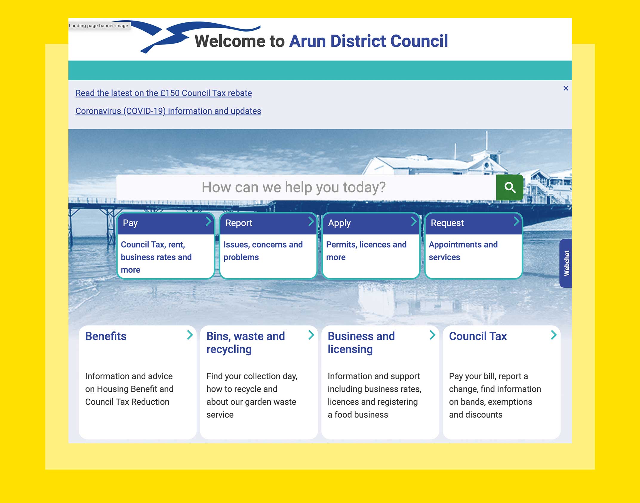 Screenshot of the Arun Council Homepage - showing tiles and a 'How can we help you today' placeholder in a searchbox