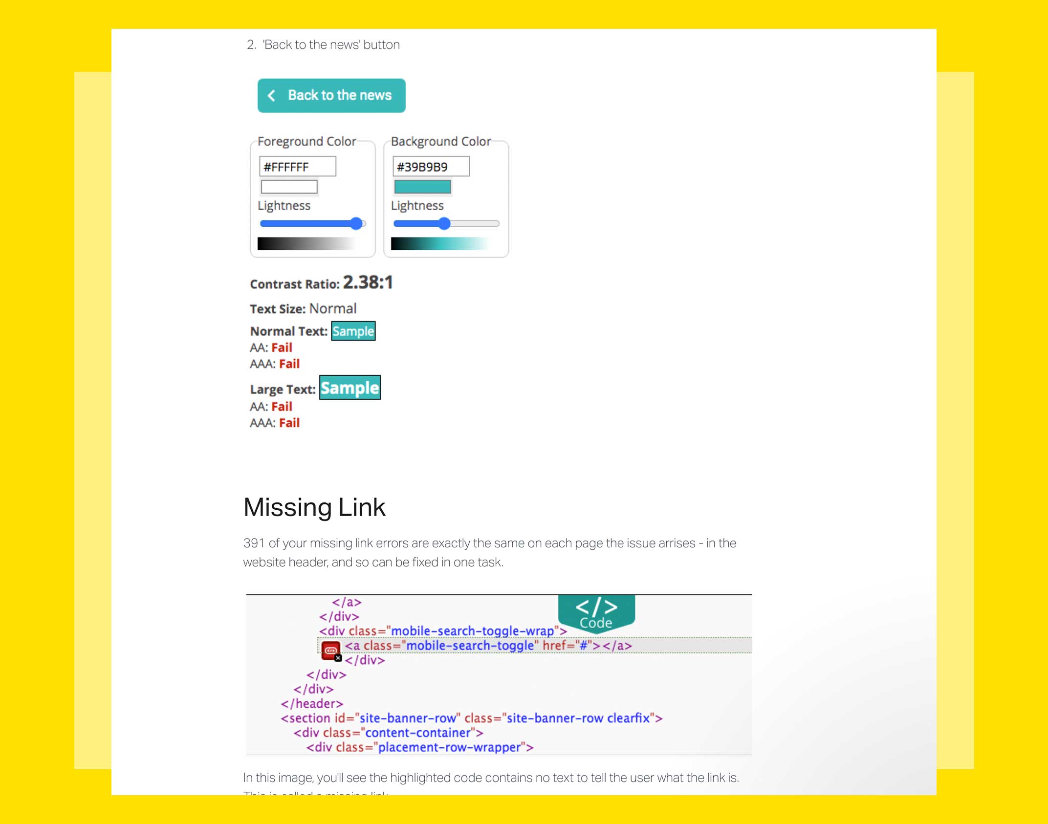 Screenshot of Accessibility Report showing colour contrast problems and details of a missing link