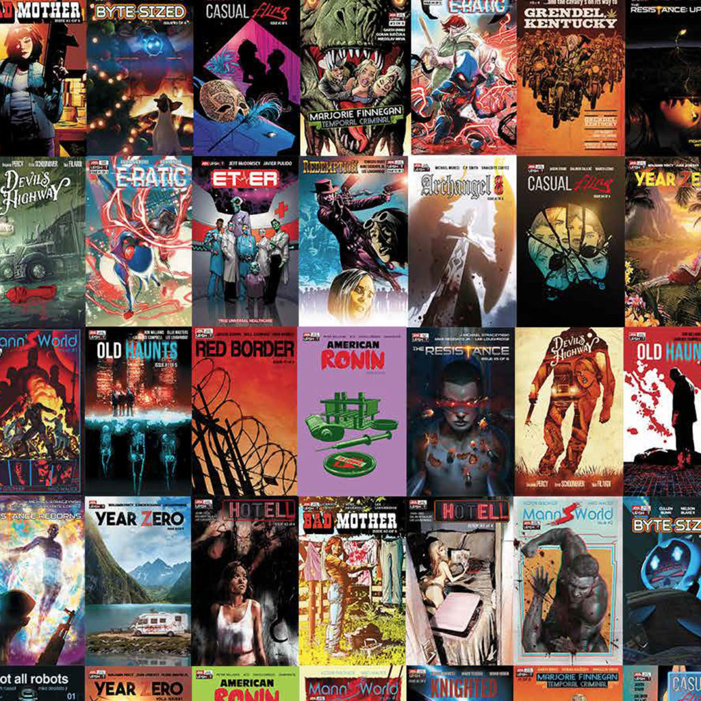 A Selection of comic book covers by AWA, including Bad Mother, AMerican Ronin, Hotell and Year Zero