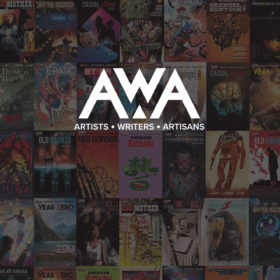 The AWA Logo overlaying a darkened selection of comic book covers by AWA, including Bad Mother, AMerican Ronin, Hotell and Year Zero