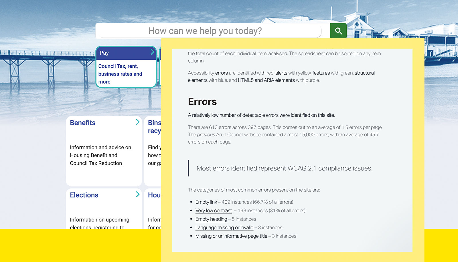 A screenshot of an accessibility report highlighyting WCAG errors on top of a screenshhot of the Arun Council homepage with the heading 'How can we help you today?'