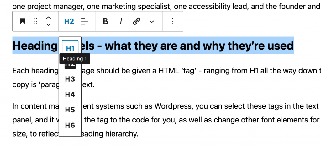 Editing the headings in this article using WordPress CMS - this shows H1, H2, H3 to H6 options for text formatting.