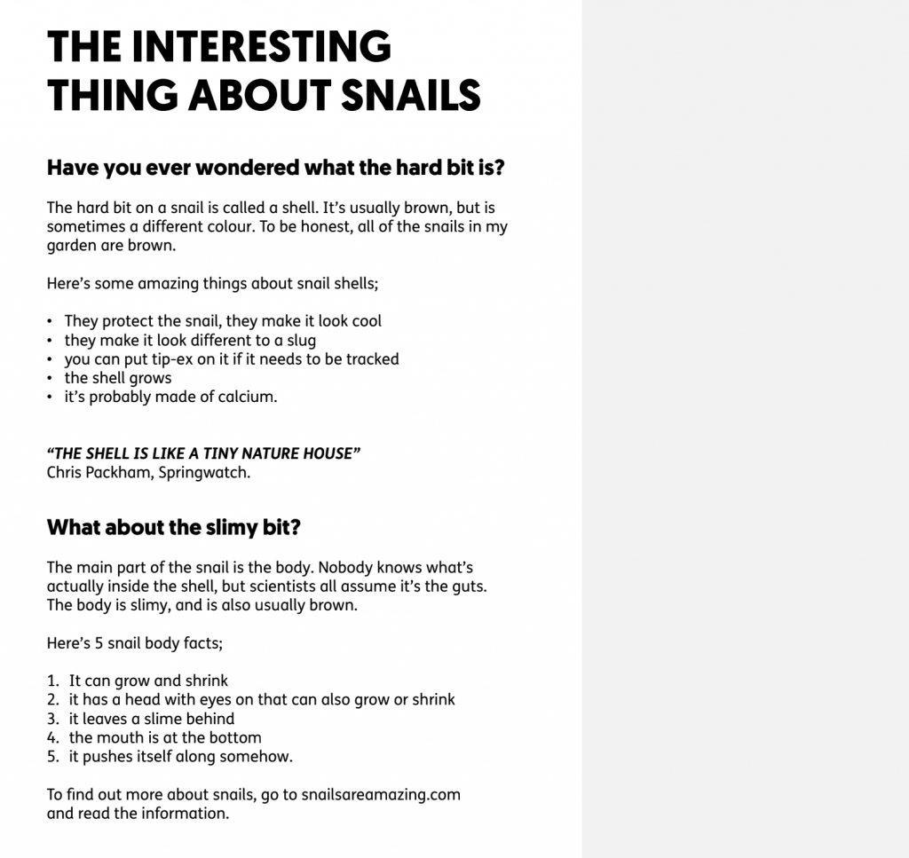 Screenshot of a document entitled "The Interesting Thing about Snails" which shows how text formatting of headings, lists and quotes can help with readability
