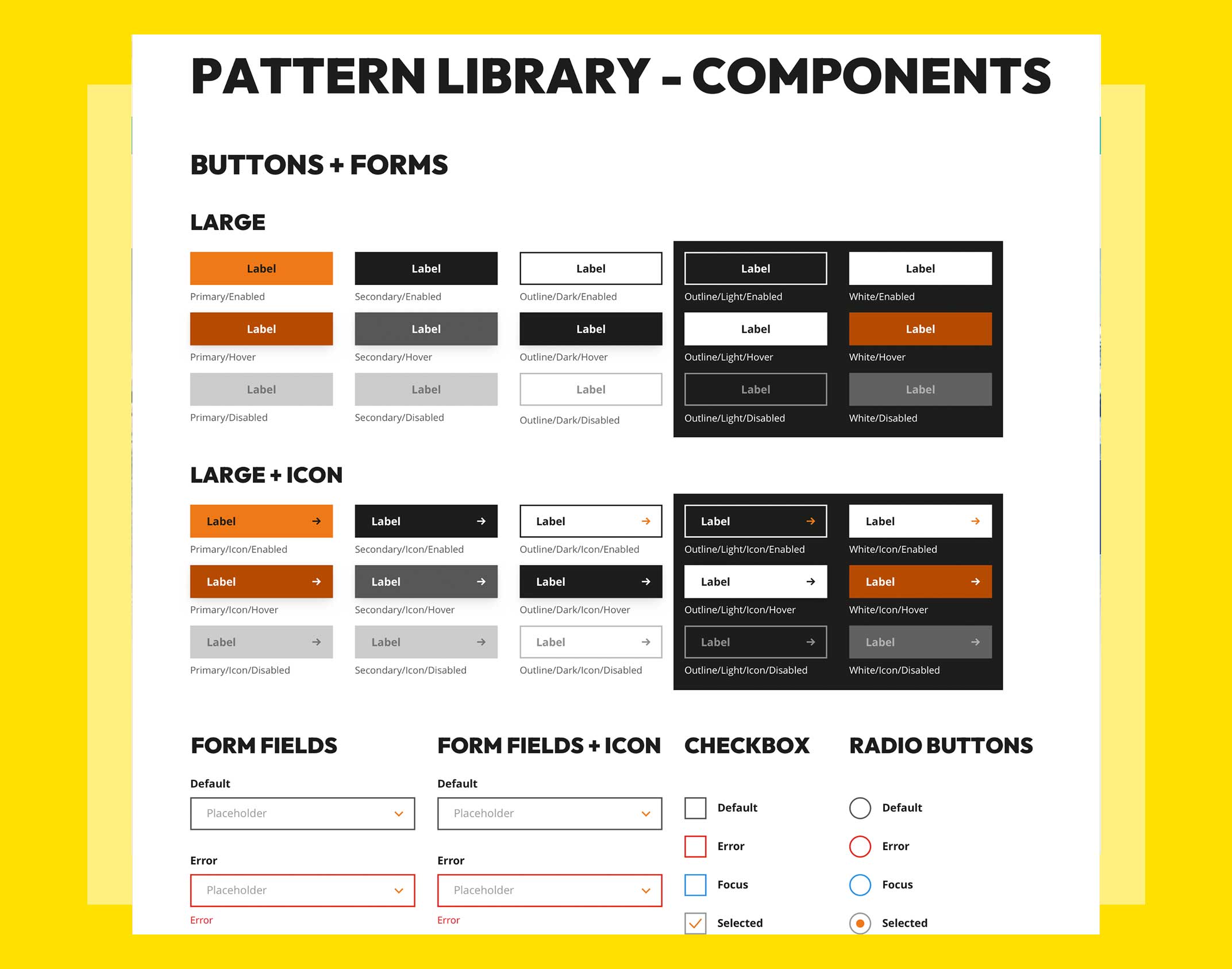 A screenshot of the pattern library we designed for Greater Brighton, showing many button and link components broken down.