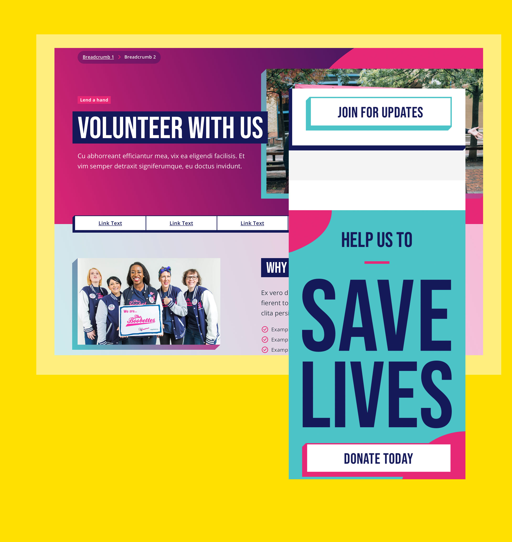 A screenshot of the 'Volunteer with us' page on Coppafeel! with a mobile screenshot of teh same, focussed on 'Help us save lives'