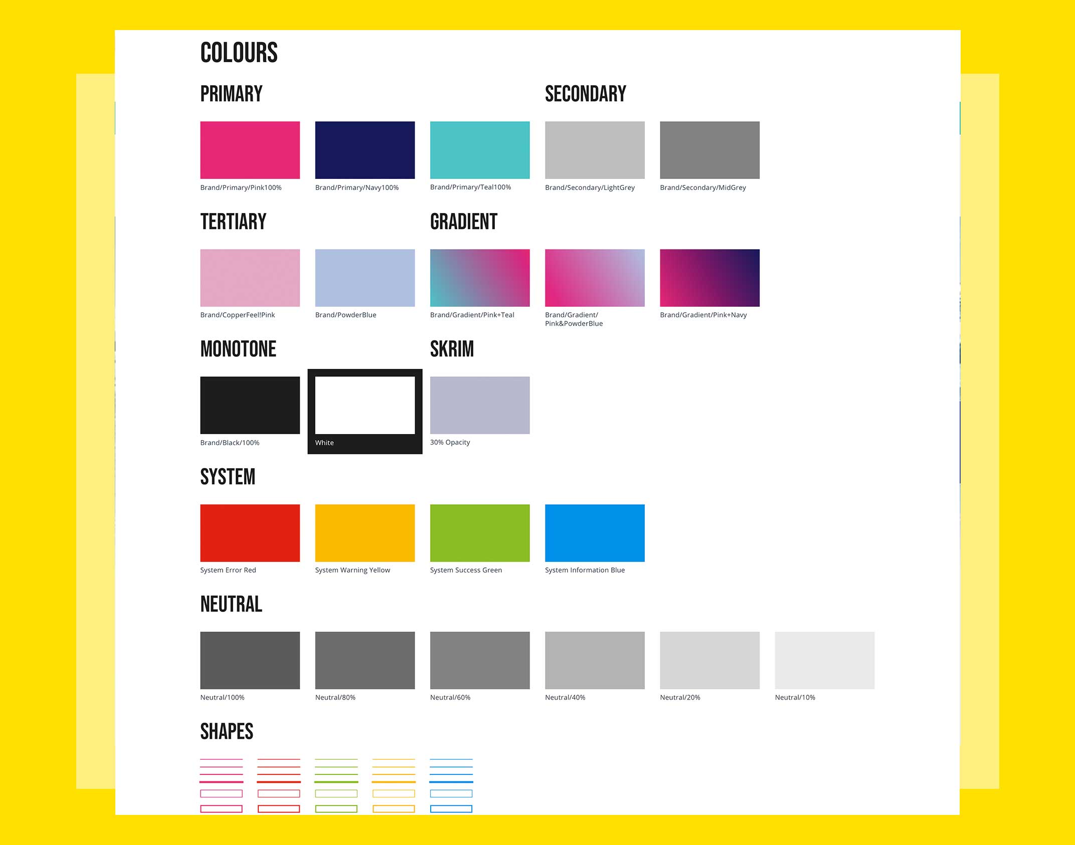 A screenshot of design visuals showing definition of colours for coppafeel's palette: Numerous boxes with different colours and textures