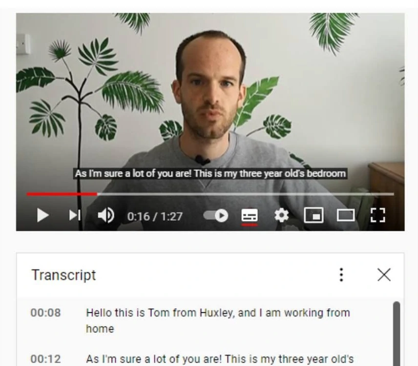 Screenshot of a Youtube video of Tom talking to the camera with the timestamped transcript underneath.